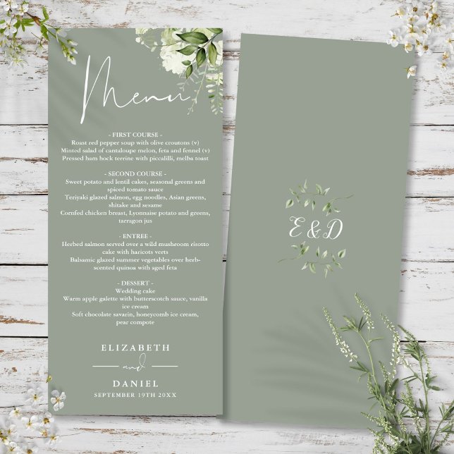 Menu Cardápio de Jantar de Noivado Floral Verde Salvia  (Sage Green Floral Greenery Monogram Wedding Dinner Menu)