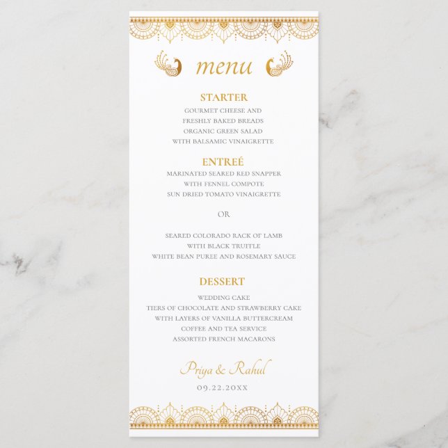 Menu Cardápio de Jantar de Noivado no Estilo Dourado In (Frente)