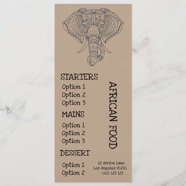 Menu cardápio de jantar de restaurante africano (Frente)