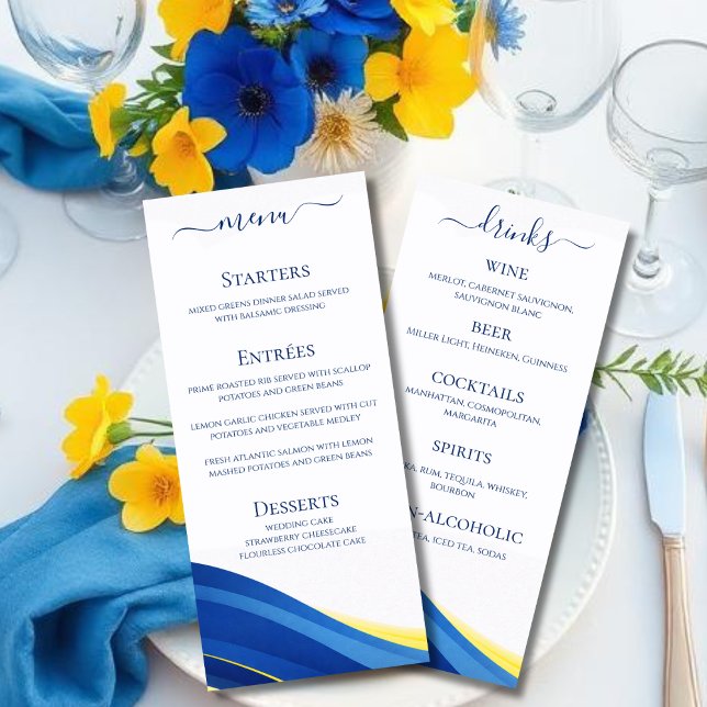 Menu Cardápio de Jantar e Bar de Casamento Azul e Amare (Cobalt Blue and Lemon Yellow Wedding Dinner and Bar Menu)