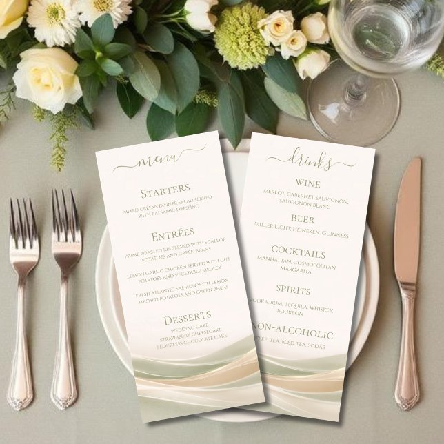 Menu Cardápio de Jantar e Bar de Casamento em Verde Sal (Sage Green and Ivory Wedding Dinner and Bar Menu )