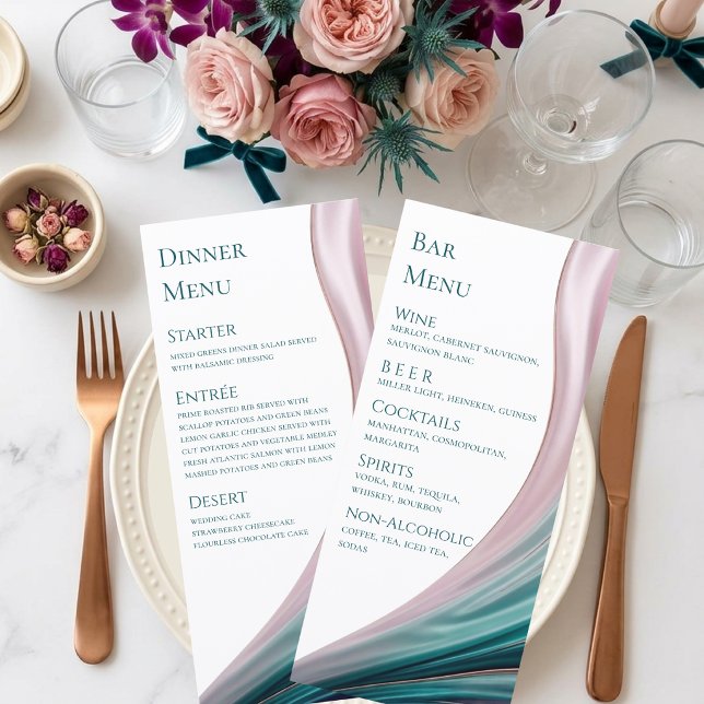 Menu Cardápio de Jantar e Bar de Seda Azul-Verde e Rosa (Teal & Blush Silk Wedding Dinner & Bar Menu)