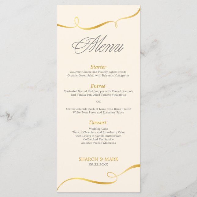 Menu Cardápio de Jantar Elegante com Redemoinho Dourado (Frente)