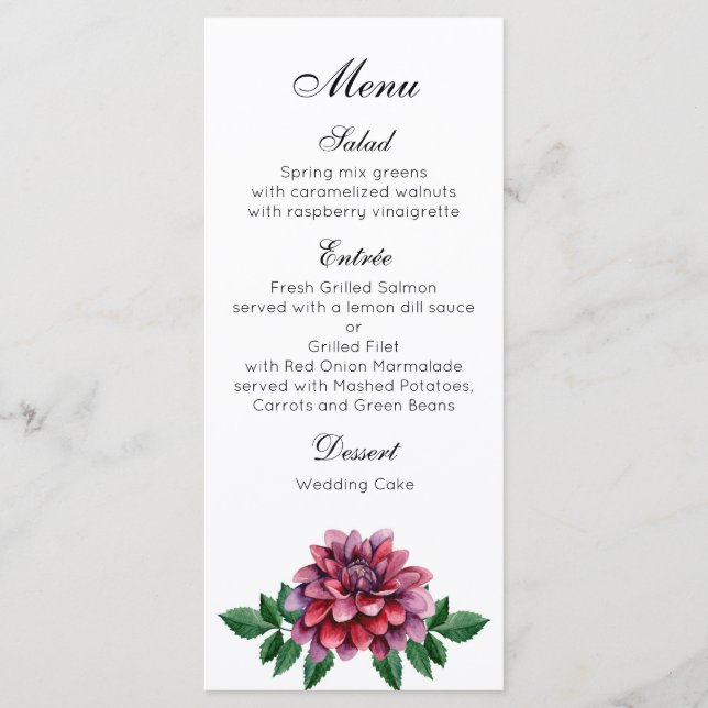 Menu Cardápio de janto de casamento. Dahlias (Frente)