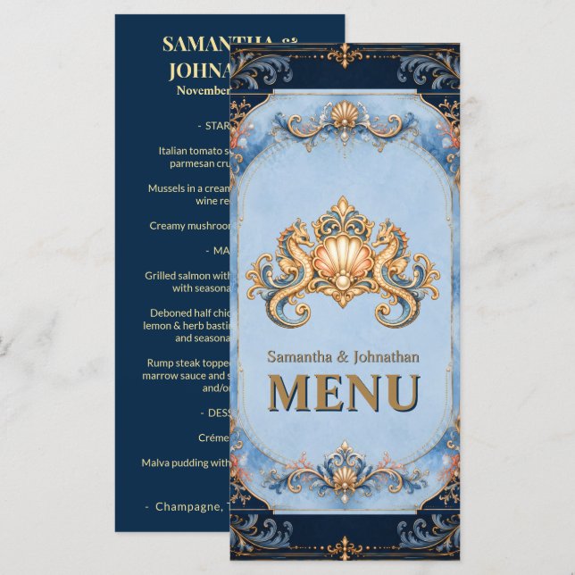 Menu Cardápio de luxo de praia com cavalo-marinho vinta (Frente/Verso)