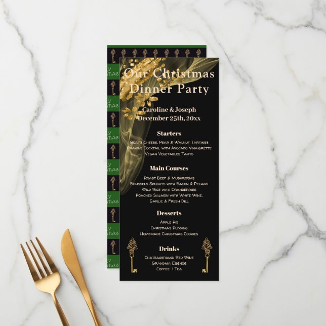Menu Cardápio de Natal Chic Preto e Dourado com Árvore  (Frente/Verso In Situ)