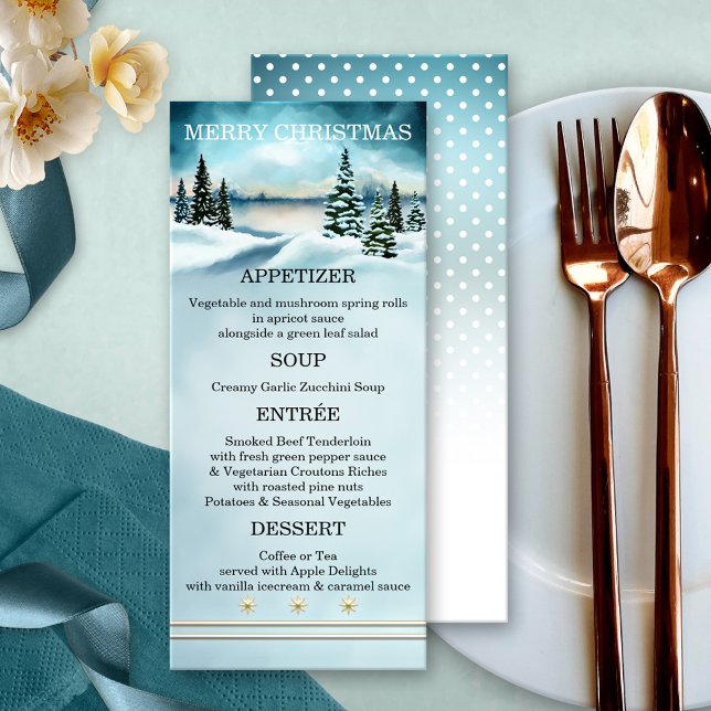 Menu Cardápio de Natal do País das Maravilhas de Invern (Christmas menu card featuring a watercolor winter wonderland scene with snow capped pine trees)