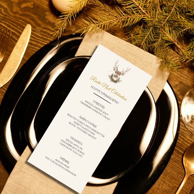Menu Cardápio de Natal para Jantar de Réveillon Rústico (Rustic Noel Christmas menu card — rustic elegance with a grand reindeer. Customizable.)