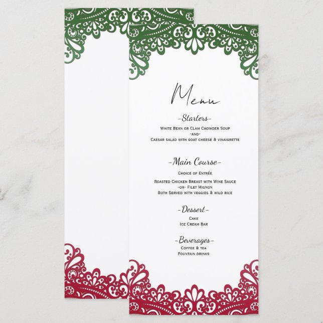 Menu Cardápio de Noiva Branco Elegante com Renda Verde  (Frente/Verso)