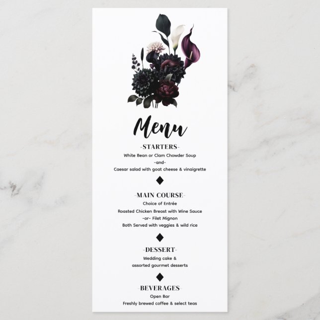 Menu Cardápio de Noiva Branco Floral Romântico Sombrio  (Frente)