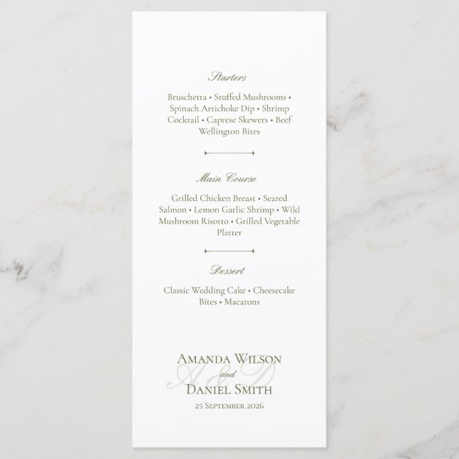 Menu Cardápio de Noiva com Azeite Clássico (Frente)