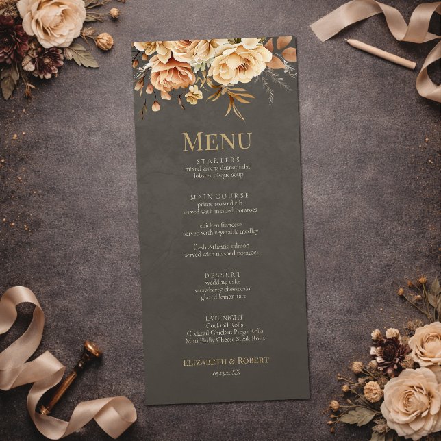 Menu Cardápio de Noiva Floral Bege Elegante (Elegant Taupe Floral Wedding Menu on a dark table with flowers)