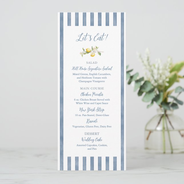 Menu Cardápio de Noiva Floral de Limão com Faixa Azul (Em pé/Frente)