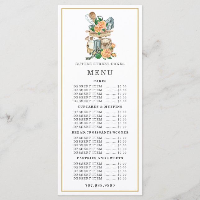 Menu Cardápio de Padaria Confeiteiro Aquarela Utensílio (Frente)