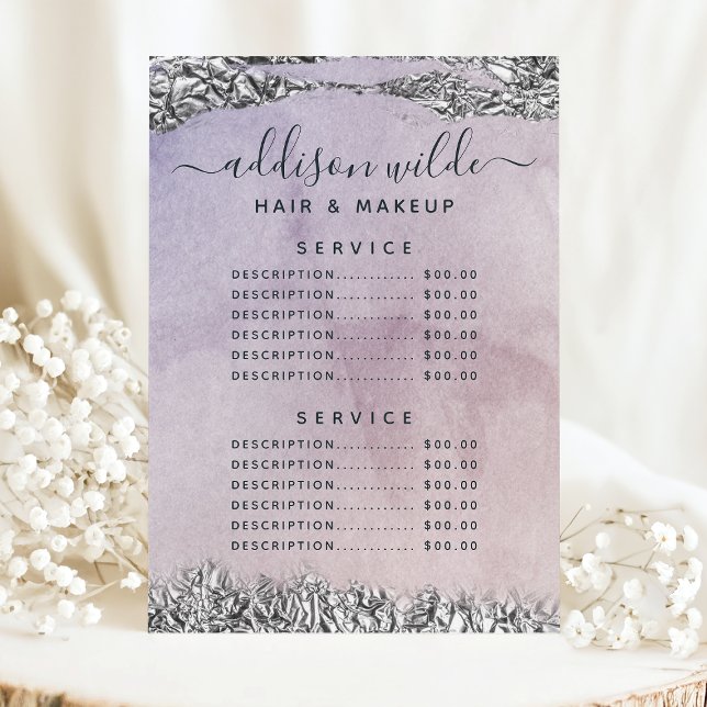 Menu Cardápio de Preços de Serviço Roxo Preto Prateado  (Criador carregado)