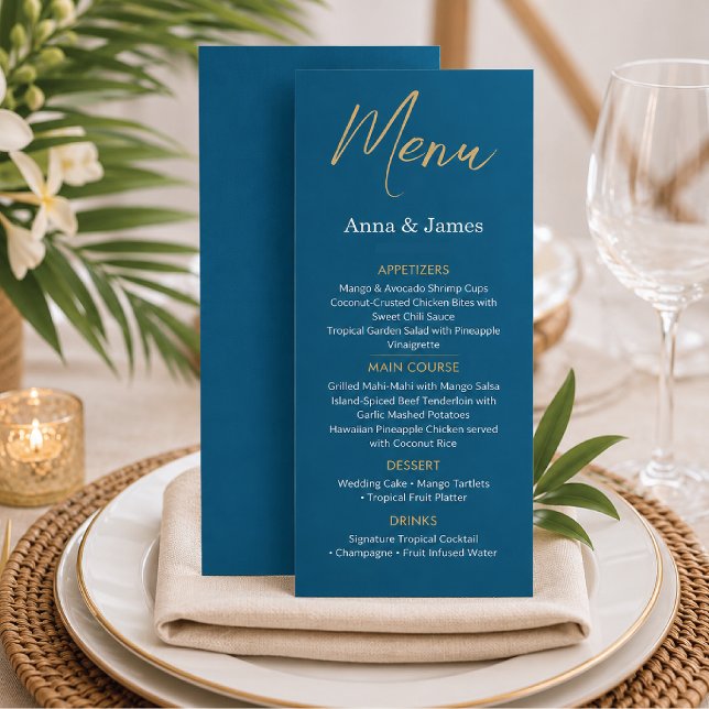 Menu Cardápio de Recepção de Casamento Blue & Gold Dest (Criador carregado)