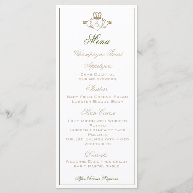Menu Cardápio de Recepção de Casamento Claddagh (Frente)