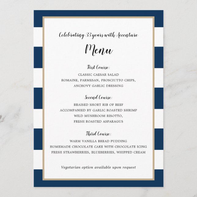 Menu Cardápio de Recepção de Casamento em Listras Azul  (Frente)