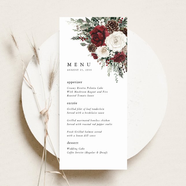Menu Cardápio de Recepção de Casamento Floral de Invern (burgundy winter floral wedding menu card, elegant rose pinecone  reception menu table setting)
