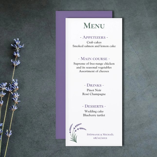 Menu Cardápio de Recepção de Casamento Simples Lavanda (Simple Lavender Wedding Reception Menu)