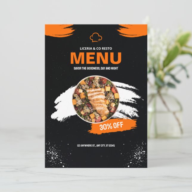 Menu Cardápio de Restaurante Simples Laranja e Preto,Re (Em pé/Frente)