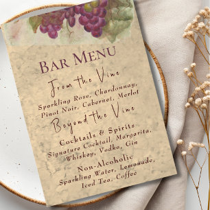 Menu Cardápio do Bar de Bebidas de Casamento Rústico no
