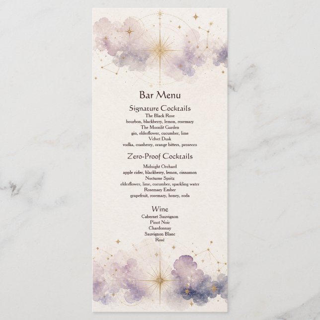 Menu Cardápio do Bar de Casamento Celestial (Frente)