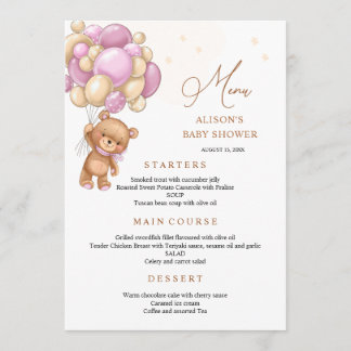 Menu Cardápio do Chá de Bebê Urso Rosa Balões
