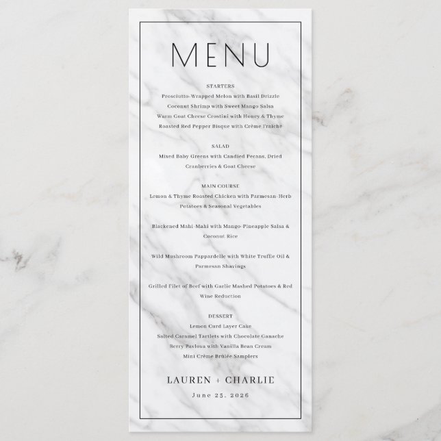 Menu Cardápio Elegante de Mármore Branco (Frente)