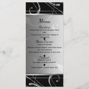 Menu Cardápio Elegante Floral em Turbilhão Preto e Prat