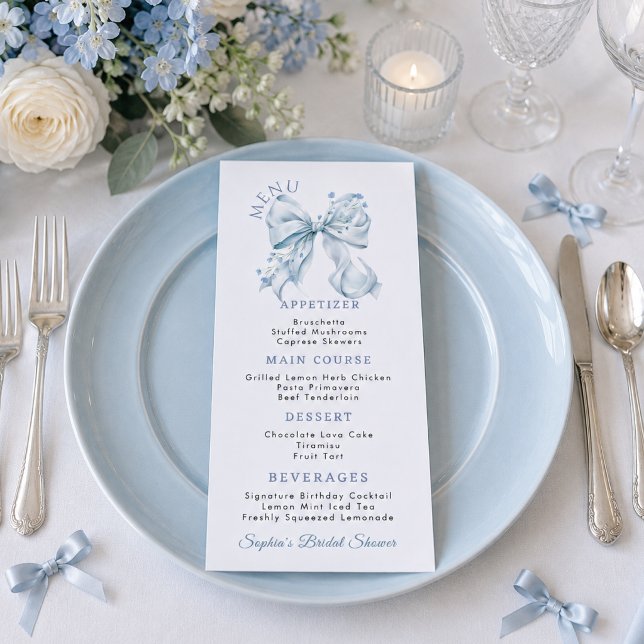 Menu Cardápio Flat Coquette com Laço Azul Empoeirado El (Elegant Dusty blue Bow Coquette bridal shower Menu Card)