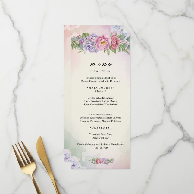 Menu Cardápio Floral Rosa e Roxo Vibrante (Frente/Verso In Situ)