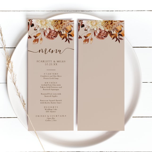 Menu Cardápio Folhas de Outono Bege (Taupe Watercolor Fall Leaves Wedding Menu by Painted Paperie
)