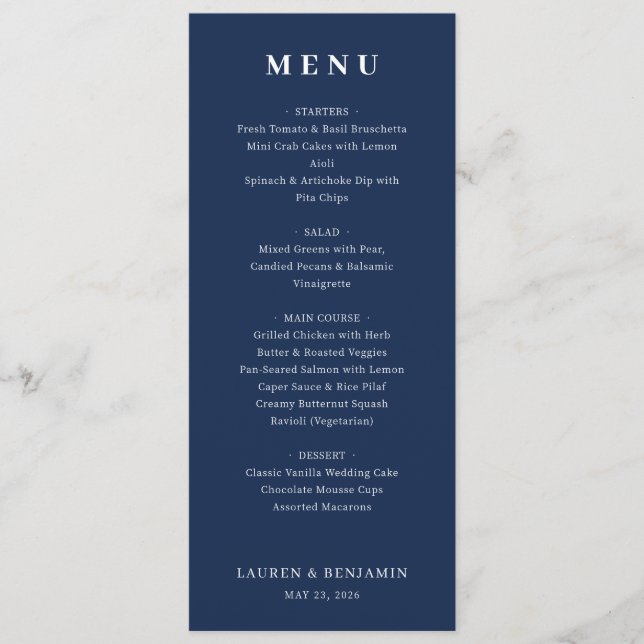 Menu Cardápio Formal Navy Elegante (Frente)