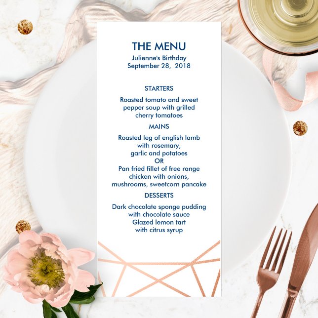 Menu Cardápio Geométrico 4x9 em Rosa Dourado e Azul Nav (Criador carregado)