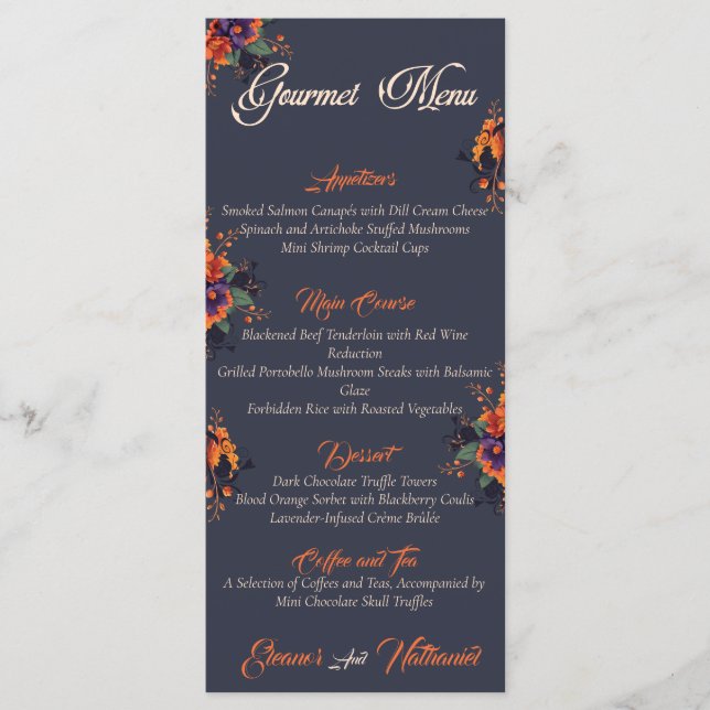 Menu Cardápio gourmet simples Elegant Gothic 3D Floral  (Frente)