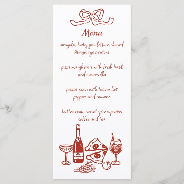 Menu Cardápio Ilustrado à Mão de Pizza e Vinho Funky (Frente)