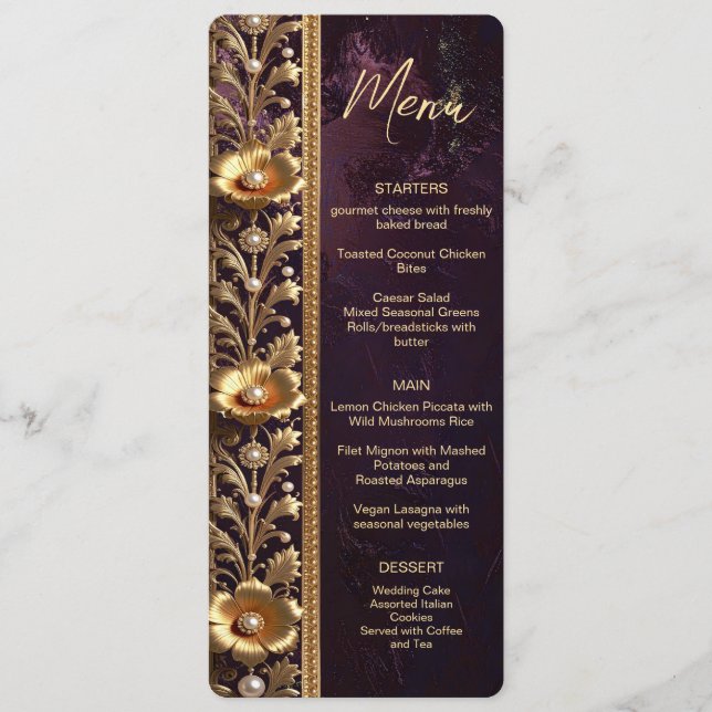 Menu Cardápio Ornamento Floral Dourado com Pérolas (Frente)