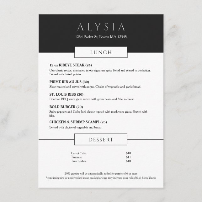 Menu Cardápio Plano de Almoço Bold Modern Steakhouse (Frente)