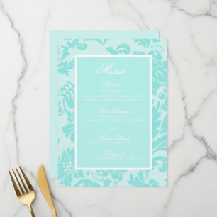 Menu Cardápio plano de casamento em padrão damasco azul