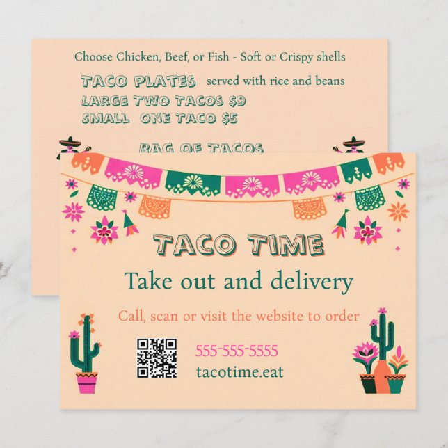 Menu Cardápio Plano de Comida Mexicana para Entrega ou  (Frente/Verso)