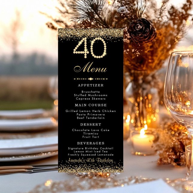 Menu Cardápio Plano de Jantar de 40º Aniversário em Our (Gold 40th birthday party dinne menu card)