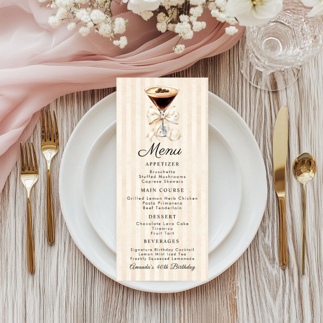Menu Cardápio Plano de Jantar de Aniversário Elegante d (Espresso martini Birthday dinner menu card)