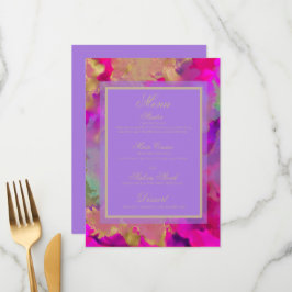 Menu Cardápio plano rosa, roxo e dourado Mármore