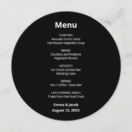 Menu Cardápio Redondo de Casamento Moderno Preto