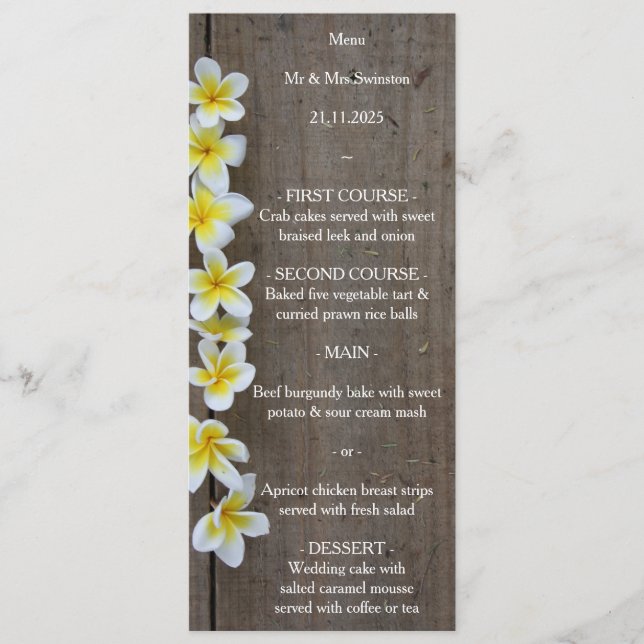 Menu Cardápio Rústico de Casamento na Praia Frangipani  (Frente)