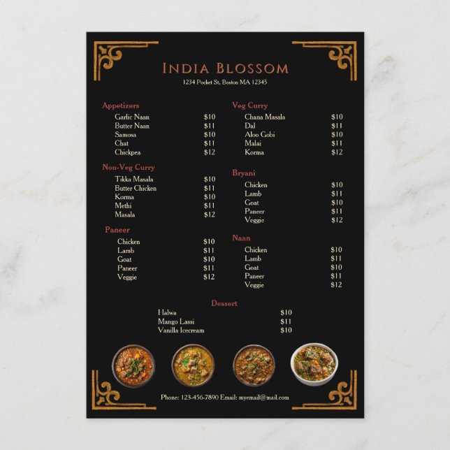 Menu Cardápio Simples de Restaurante Indiano Tradiciona (Frente)