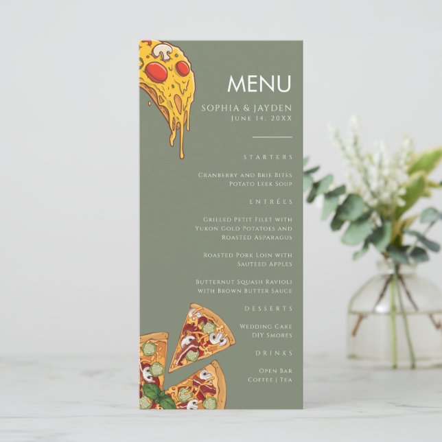 Menu Cardápio Verde Sage PIZZA Casamento Moderno Minima (Em pé/Frente)