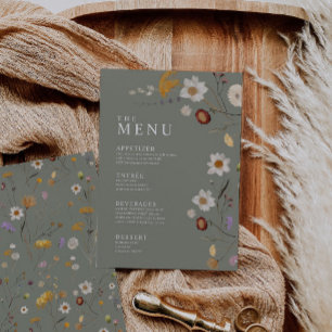 Menu Cardápio Verde Salvia com Flores Silvestres