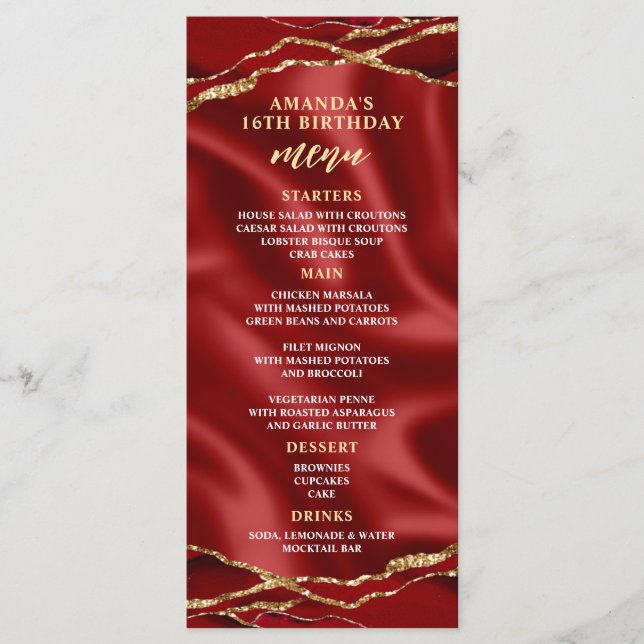 Menu Cardápio Vermelho e Dourado de Ágata Elegante (Frente)